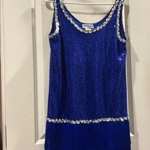 Fun Costumes Bling Fringe Sequin Vibrant BlueSilver Flapper Costume Dress size M